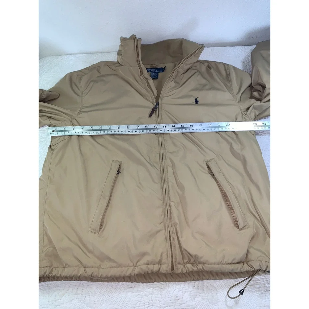 Polo Ralph Lauren Mens Tan Windbreaker Jacket Stowaway Hood Fleece Lined Large